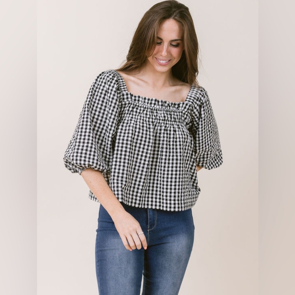 LaRoque Bella Blouse Top Black & White Check Square Neck Women’s Medium